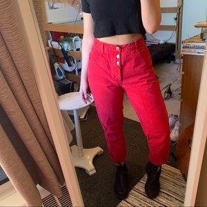 Red Vintage Bonjour Button Up Mom Fit Jeans